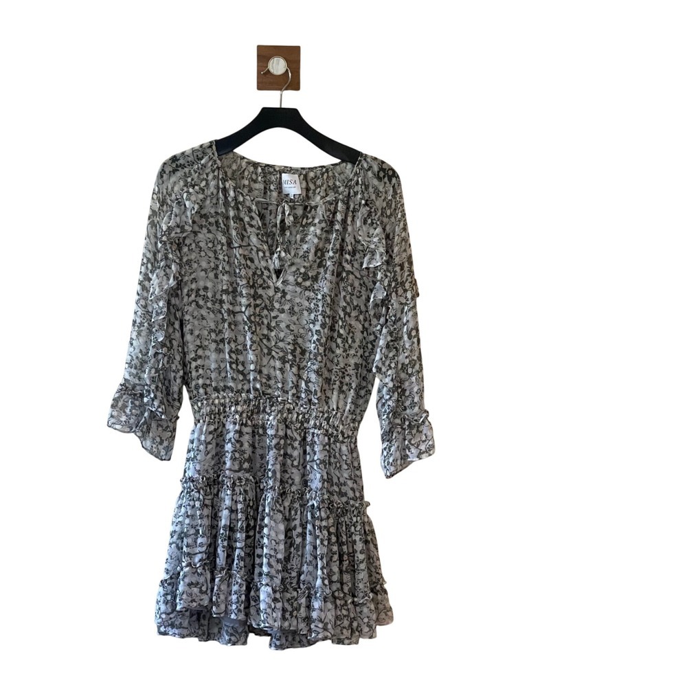 *FLAWED* MISA Los Angeles Floral Print Ruffle Mini Dress, XS, Sheer, Bohemian
